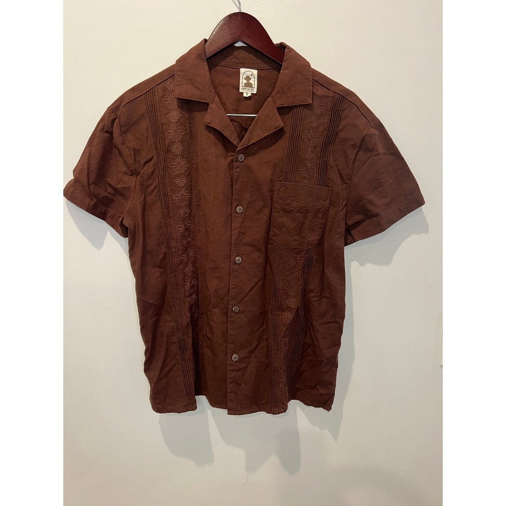 Dandy Del Mar Mens Brown Floral Embroidered Guayabera Camp Shirt Small
